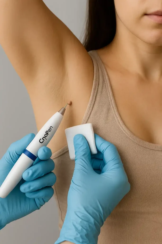woman having cryopen to remove underarm skin tags Crewe