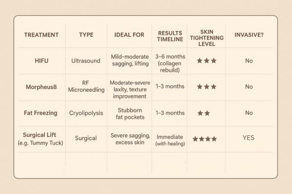 Table showing the comparisons of Skin tightening Crewe treatment options.